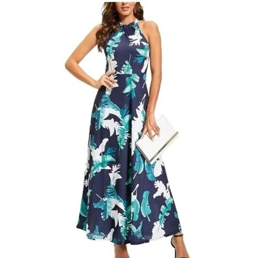 Style wood Dress Size XL Maxi Summer Beach Sleeveless Green/Blue